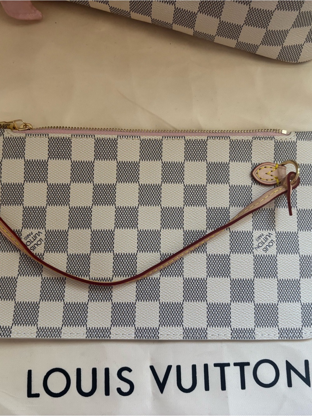Louis Vuitton Damier Azur Neverfull Tote with Pink Scarf Accent - Picture 9 of 11